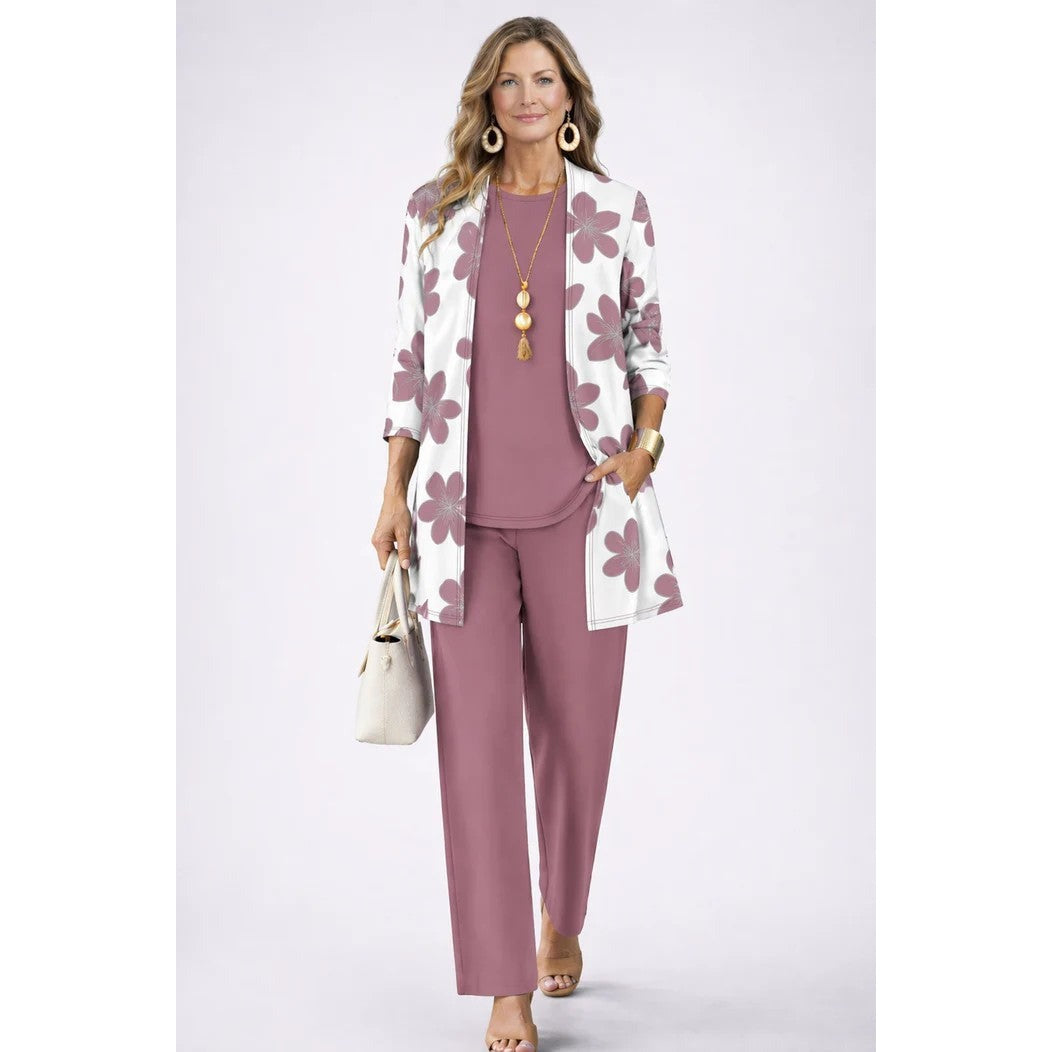 Conjunto de tres piezas para mujer con cárdigan estampado, top liso y pantalón en rosa