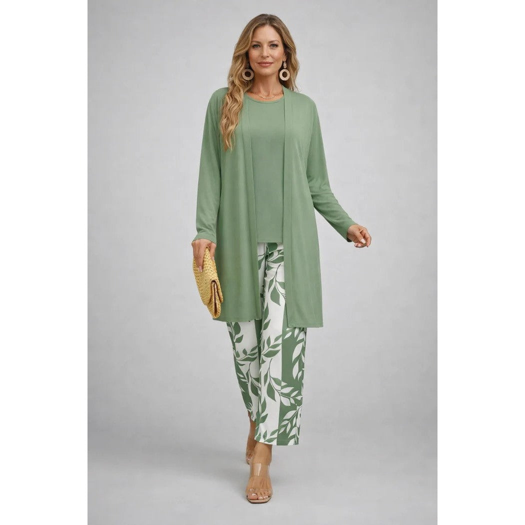 Conjunto de tres piezas para mujer con cárdigan estampado, top liso y pantalón en verde claro