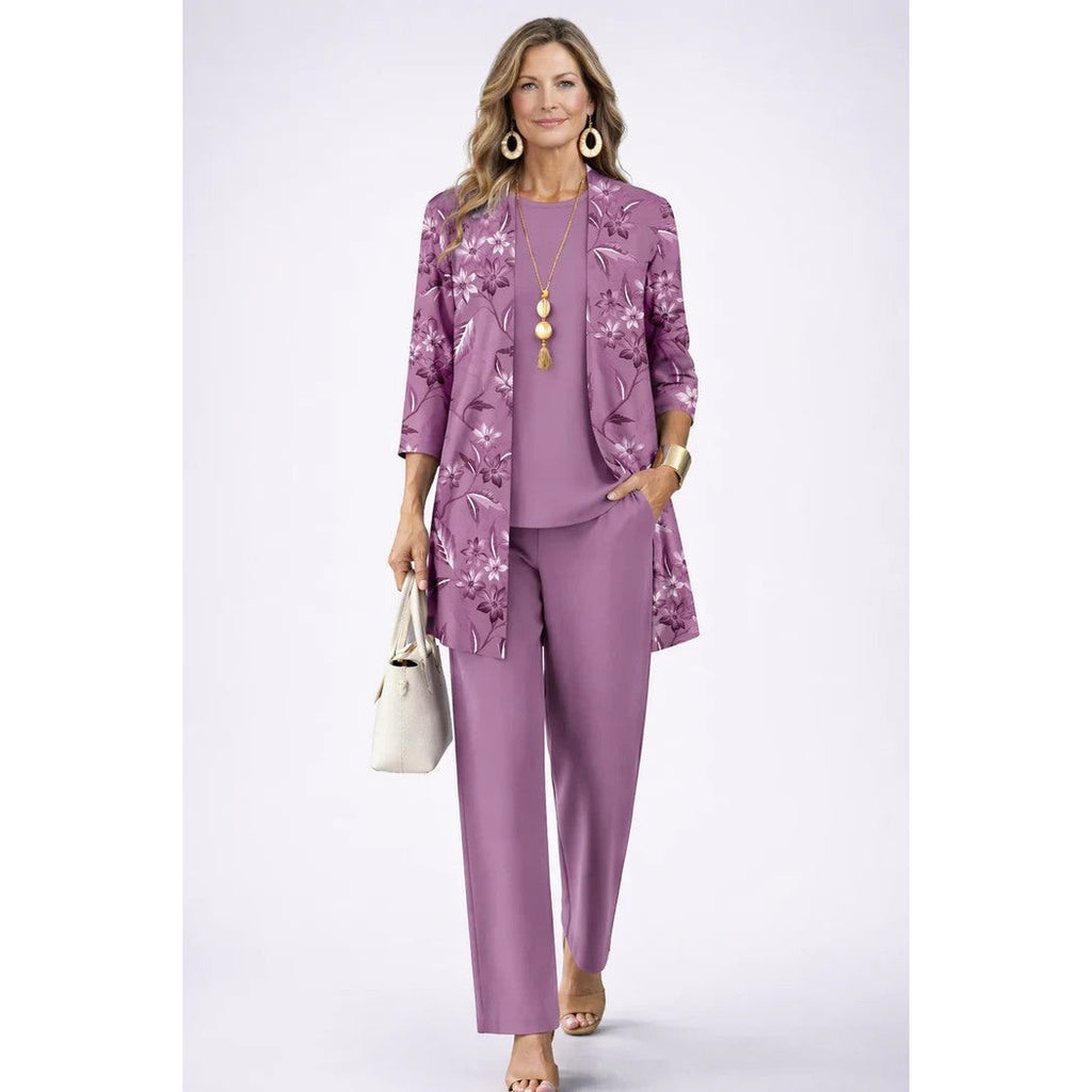 Conjunto de tres piezas para mujer con cárdigan estampado, top liso y pantalón en lila