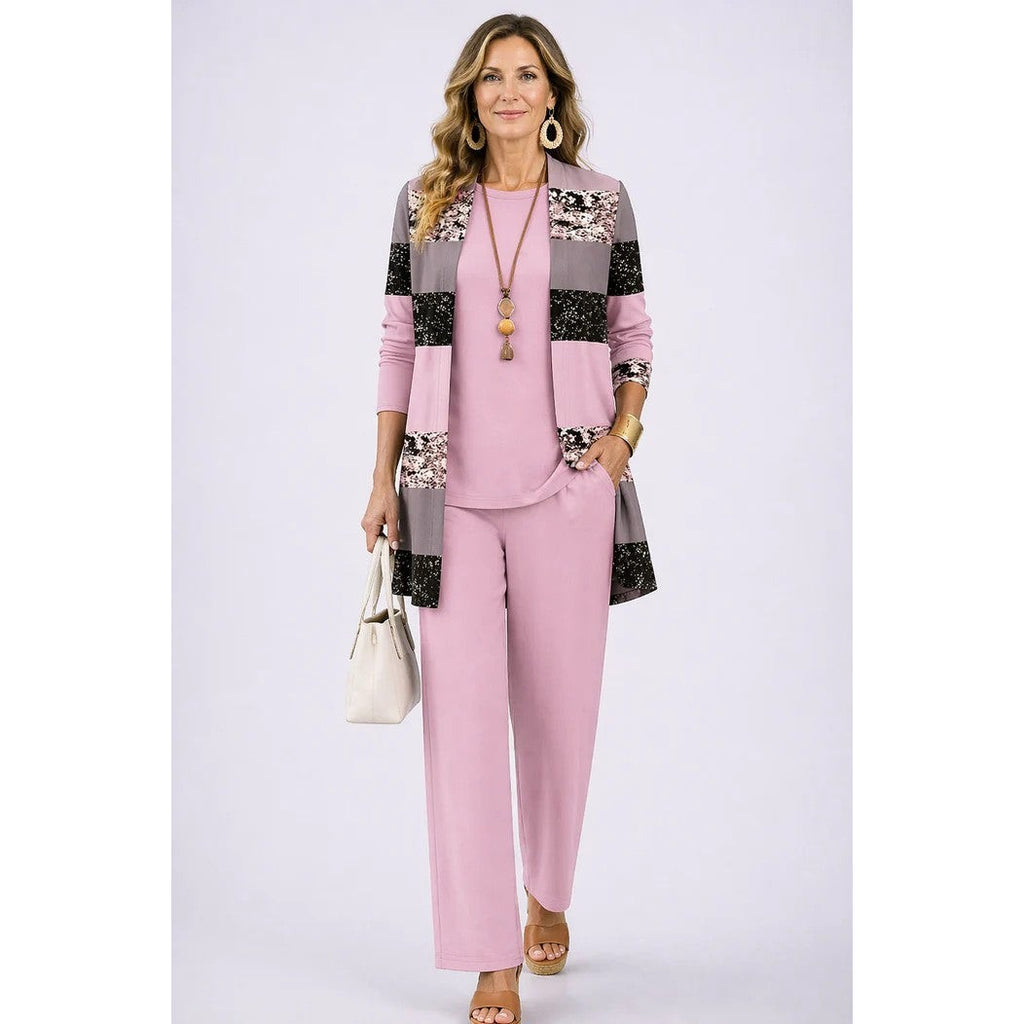 Conjunto de tres piezas para mujer con cárdigan estampado, top liso y pantalón en rosa claro