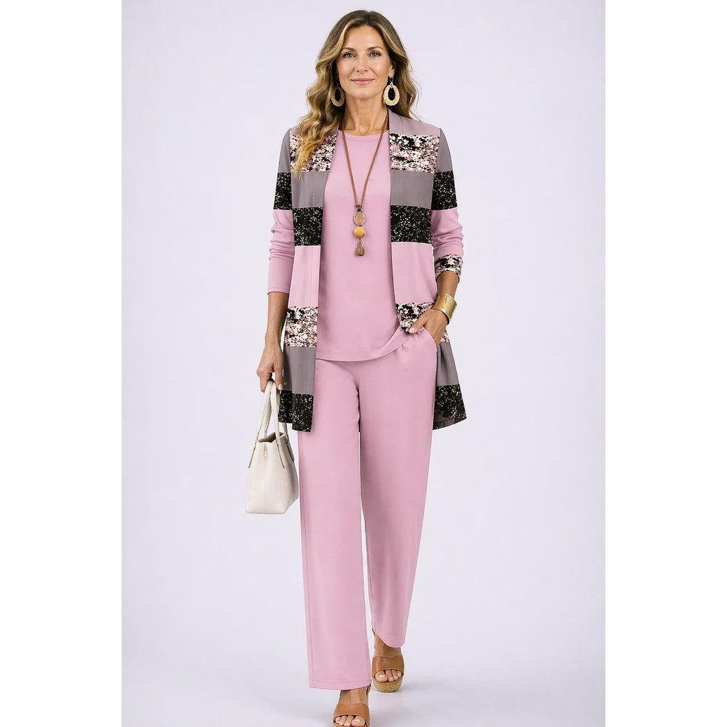 Conjunto de tres piezas para mujer con cárdigan estampado, top liso y pantalón en rosa claro