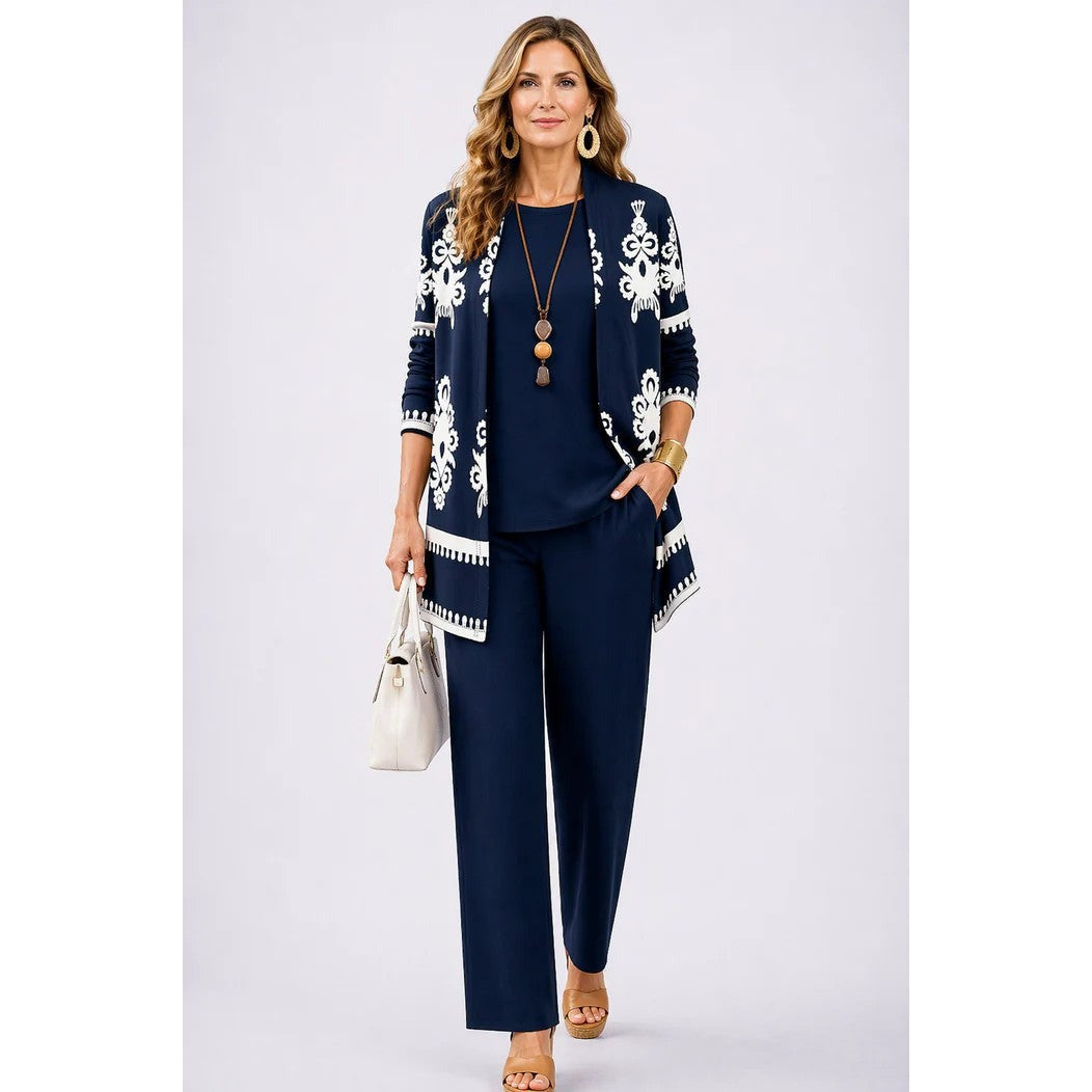 Conjunto de tres piezas para mujer con cárdigan estampado, top liso y pantalón en azul marino