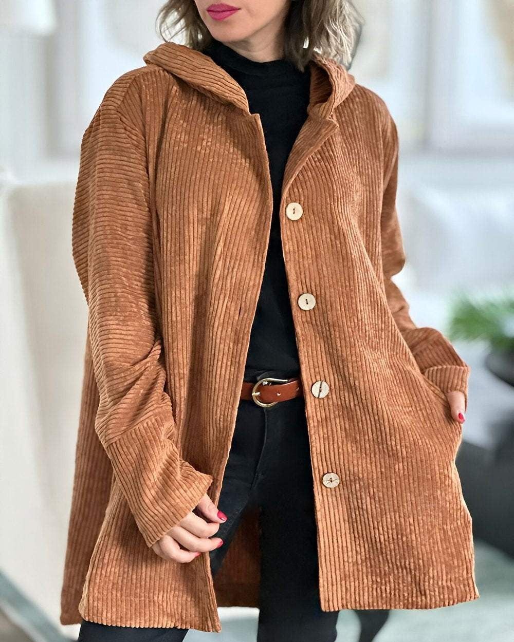 Chaqueta de pana para mujer con capucha en camel