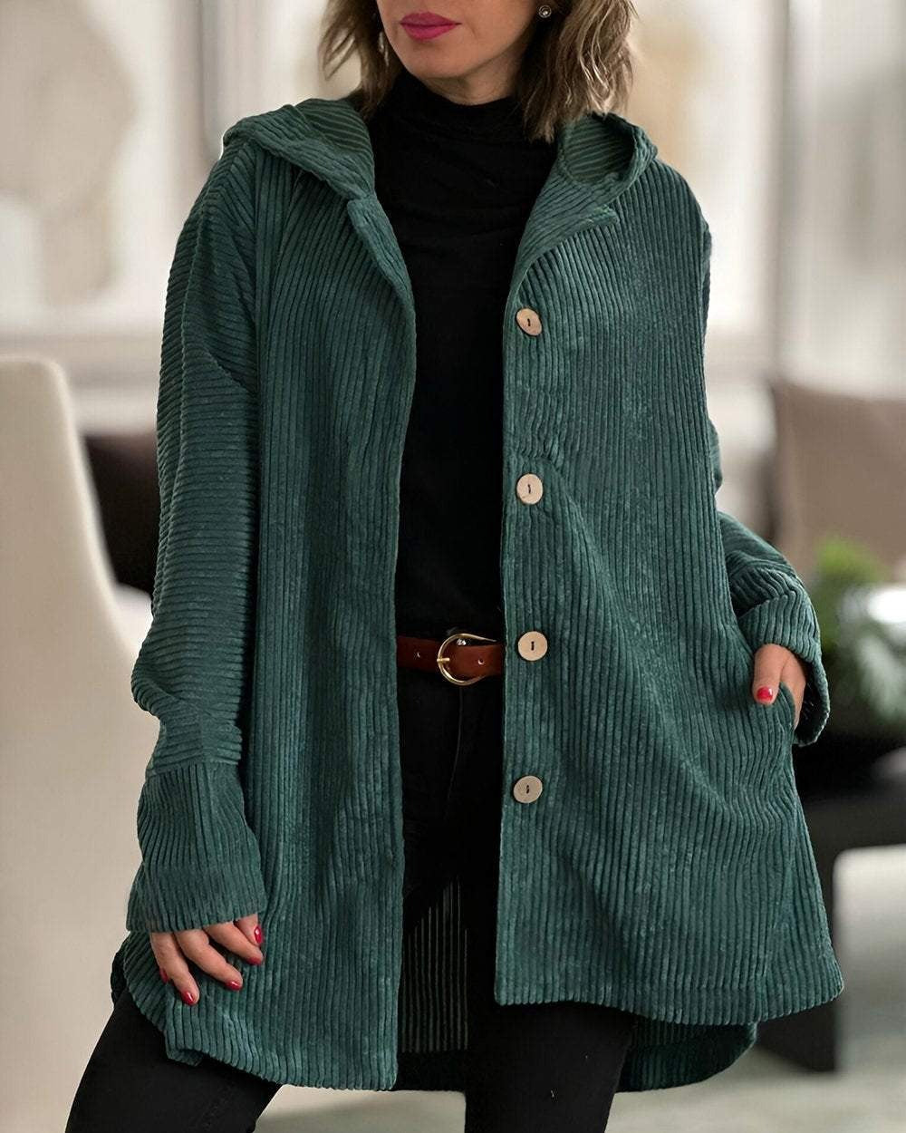 Chaqueta de pana para mujer con capucha en verde