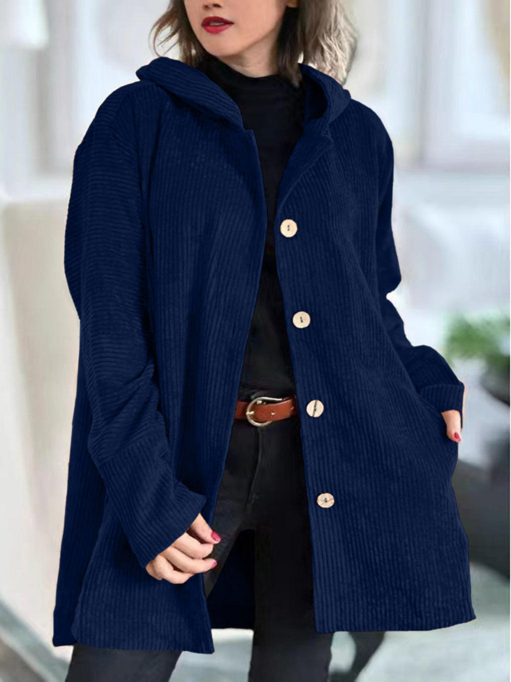 Chaqueta de pana para mujer con capucha en azul marino
