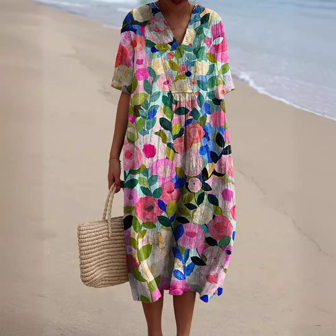 Vestido midi para mujer con estampado floral en rosa