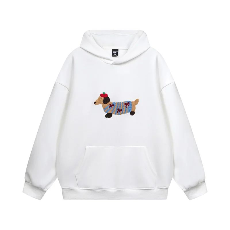 Sudadera con capucha para mujer con bordado de perro en blanco