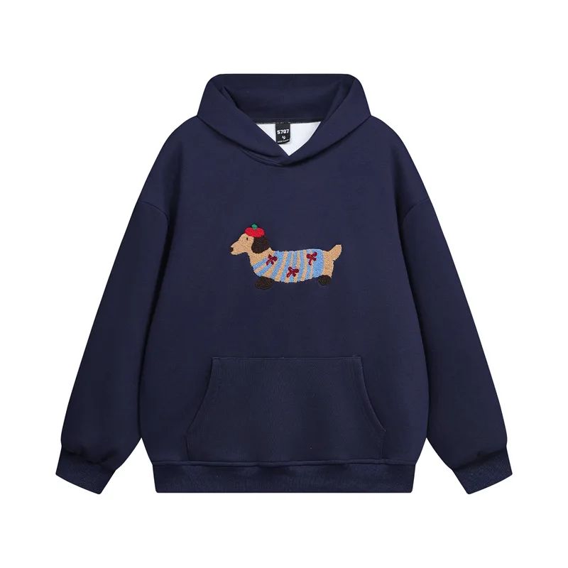 Sudadera con capucha para mujer con bordado de perro en azul marino