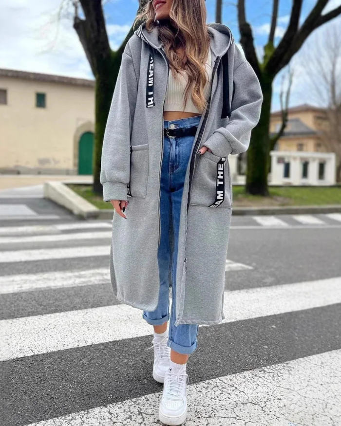 Chaqueta larga para mujer con capucha en gris
