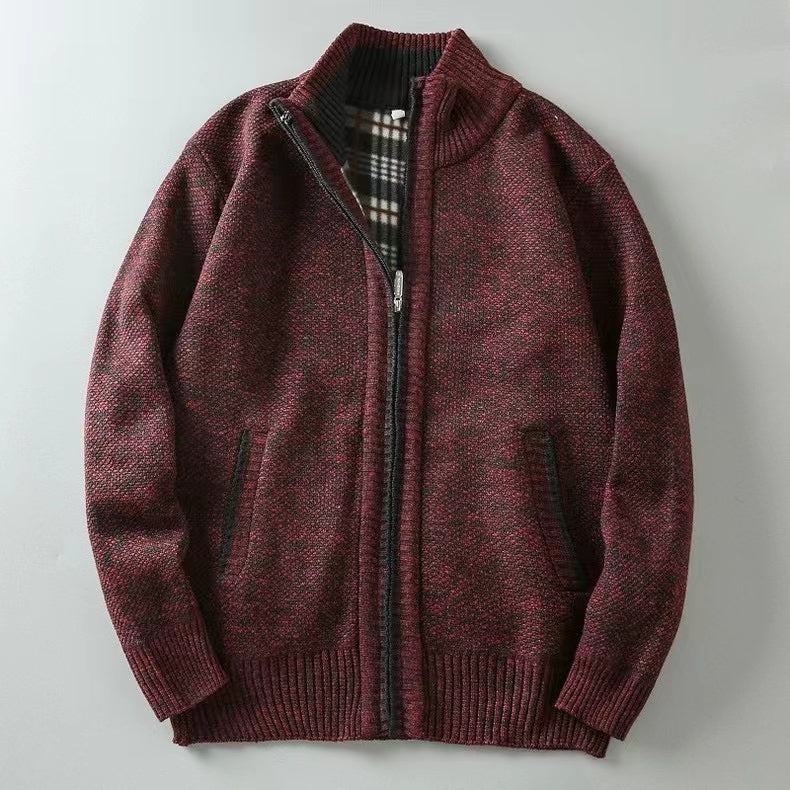 Chaqueta de punto para hombre con cremallera y forro de cuadros en burdeos