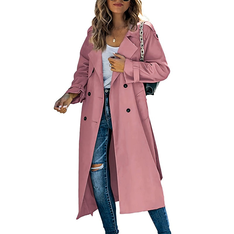 Gabardina larga para mujer en rosa con solapas anchas y doble botonadura