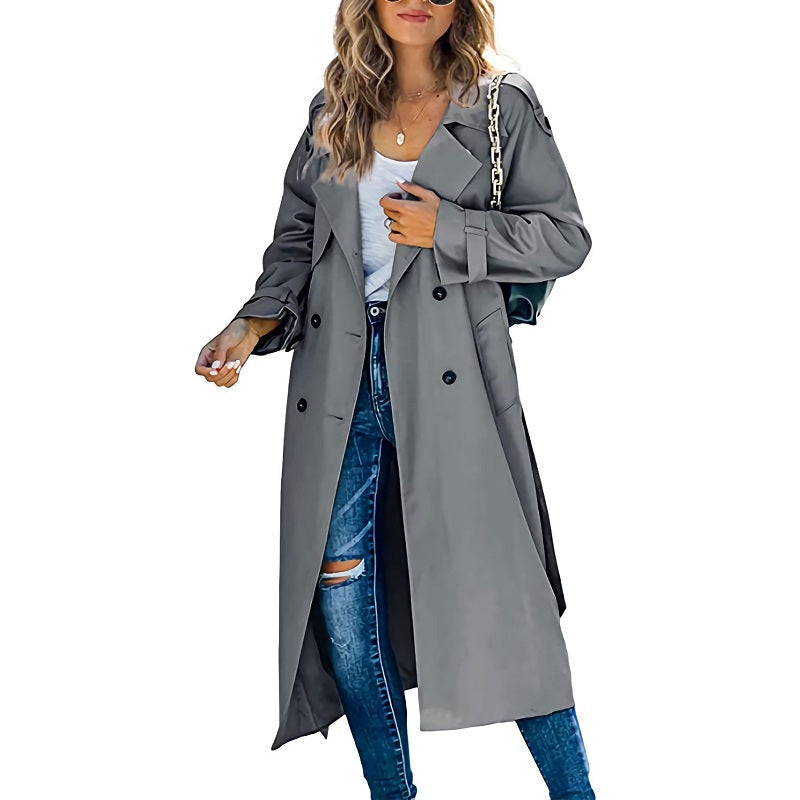Gabardina larga para mujer en gris con puños con tira, vista frontal