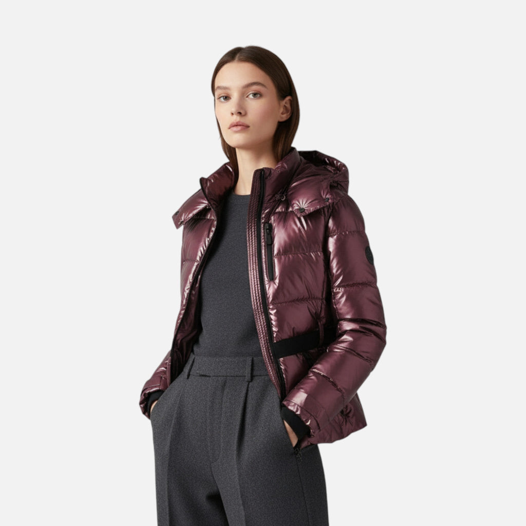 Chaqueta de esquí para mujer con cinturón y capucha