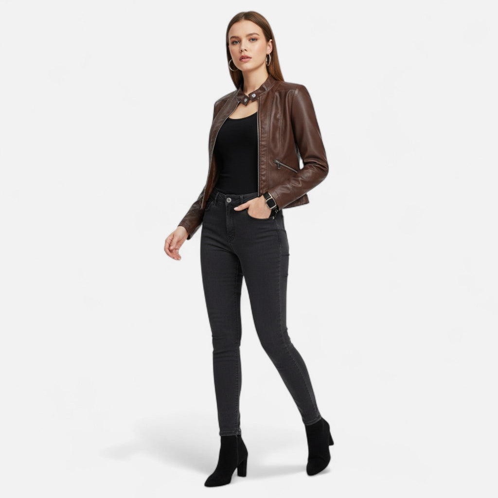 Chaqueta corta para mujer de efecto cuero con cuello alto