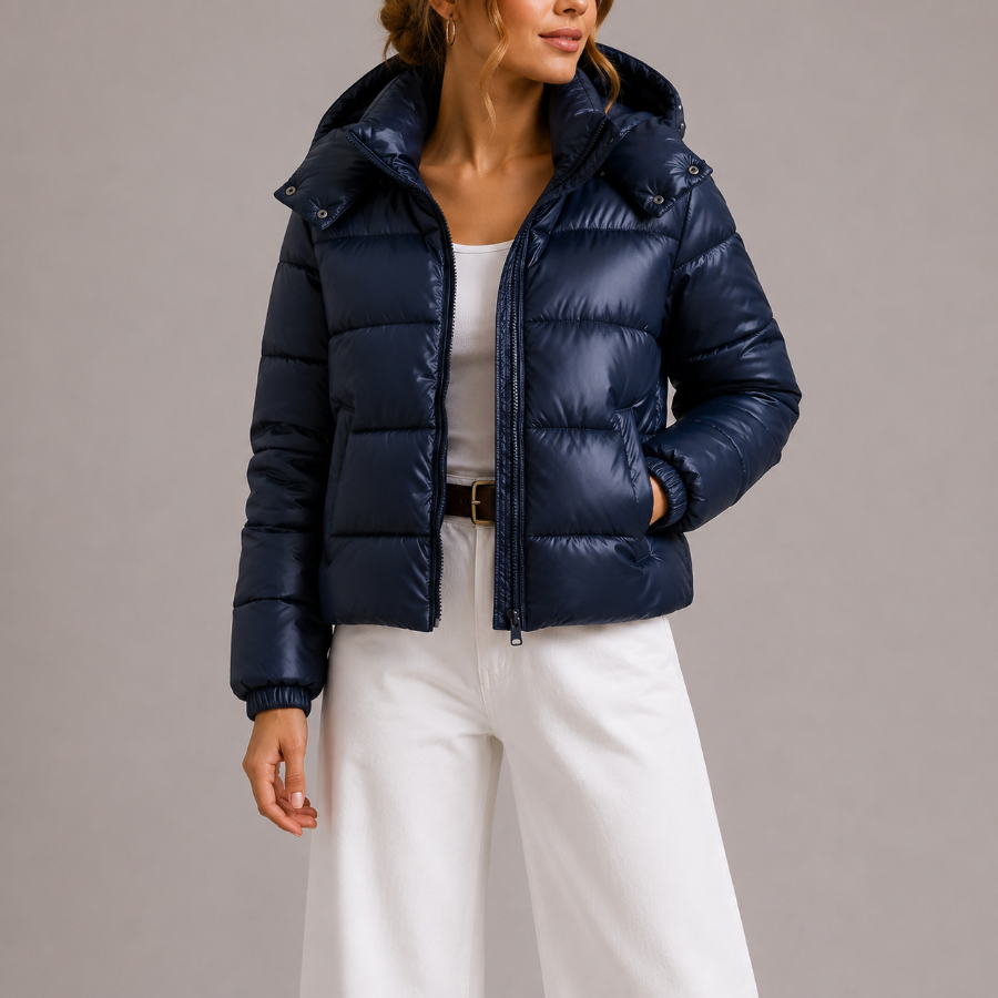 Chaqueta acolchada para mujer con capucha en azul marino