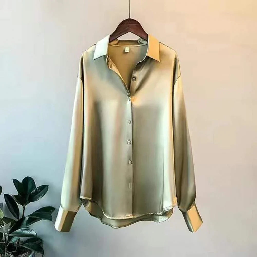 Blusa satinada para mujer de manga larga en verde