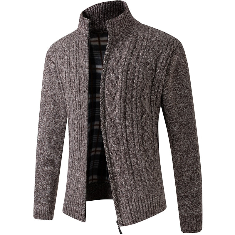 Chaqueta de punto para hombre con cremallera y forro de cuadros en marrón trenzado