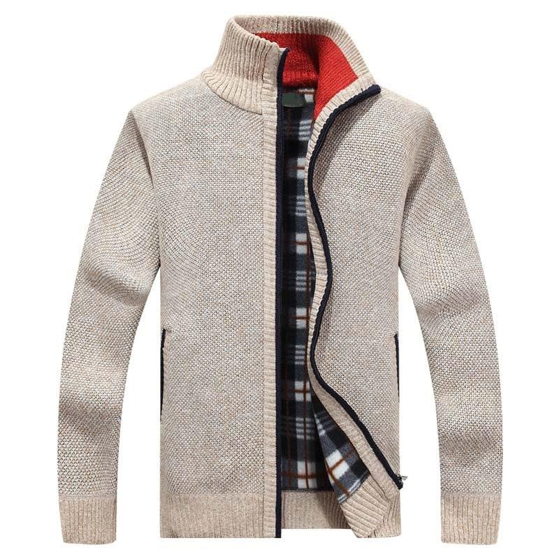 Chaqueta de punto para hombre con cremallera y forro de cuadros para el invierno