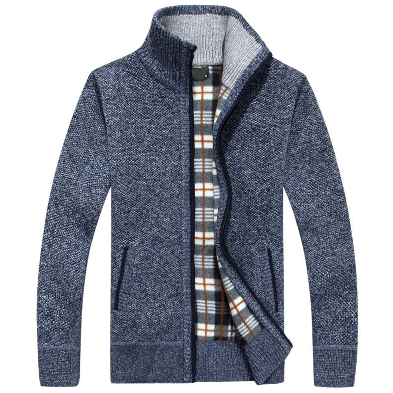 Chaqueta de punto para hombre con cremallera y forro de cuadros en azul
