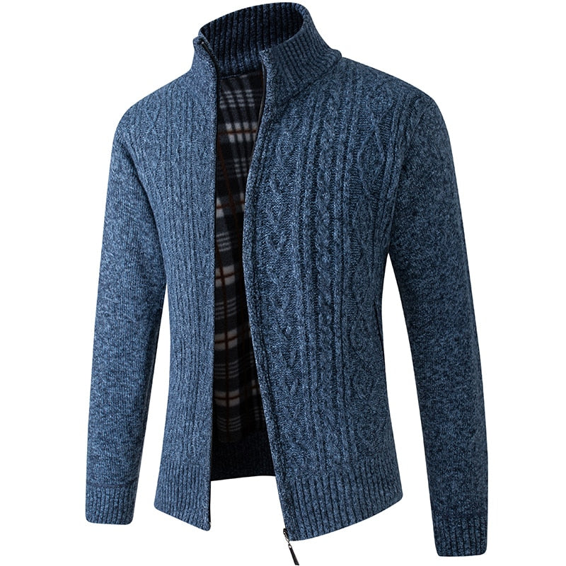 Chaqueta de punto para hombre con cremallera y forro de cuadros en azul trenzado