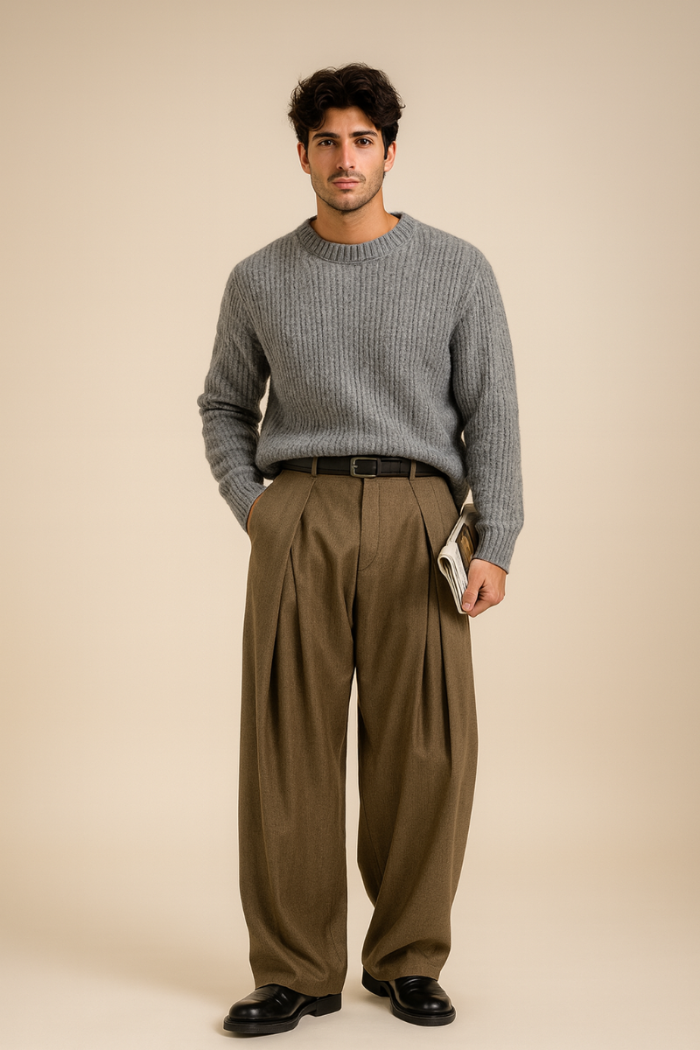 Pantalón de pinzas para hombre de pierna ancha elegante