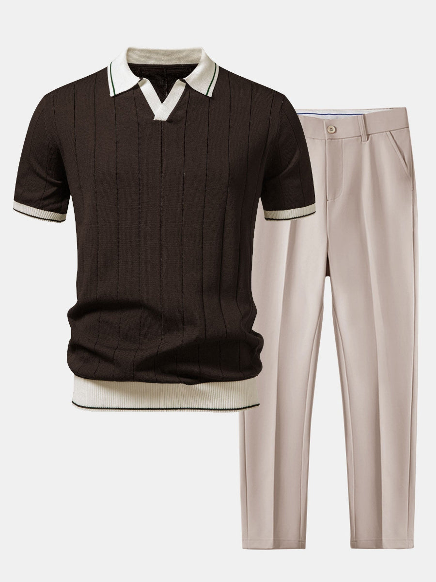 Conjunto para hombre de polo de punto y pantalón en marrón