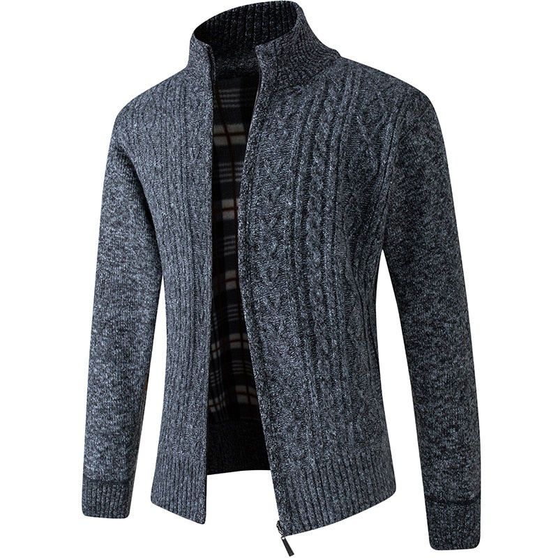 Chaqueta de punto para hombre con cremallera y forro de cuadros en gris oscuro trenzado