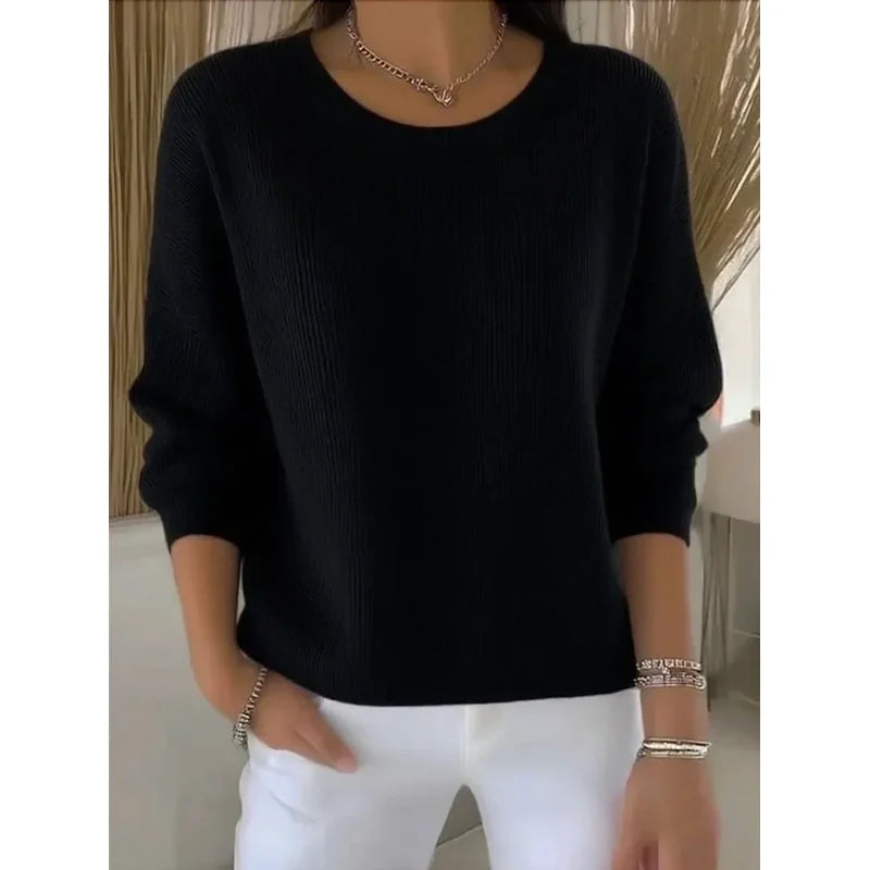 Jersey básico de punto para mujer con cuello redondo para el entretiempo