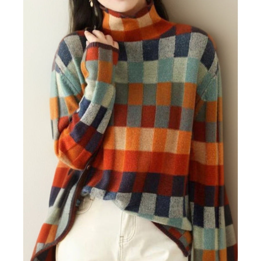 Jersey de cuadros de colores para mujer con cuello alto para el otoño
