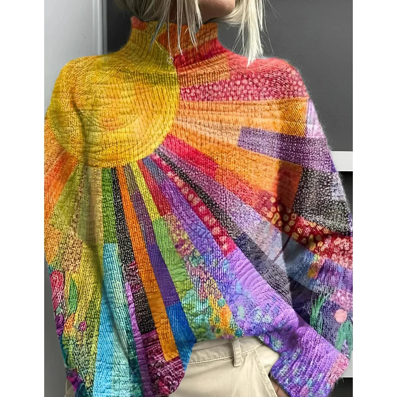 Jersey de cuello alto para mujer con estampado de arcoíris para el otoño