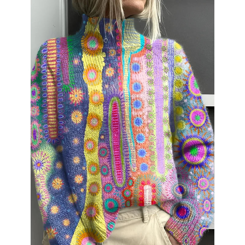 Jersey de cuello alto para mujer con estampado abstracto multicolor para el invierno