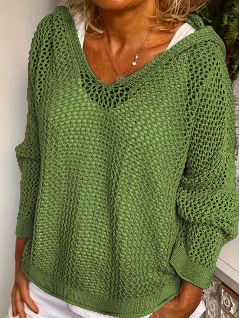 Jersey de punto calado con capucha y cuello de pico para mujer para la primavera