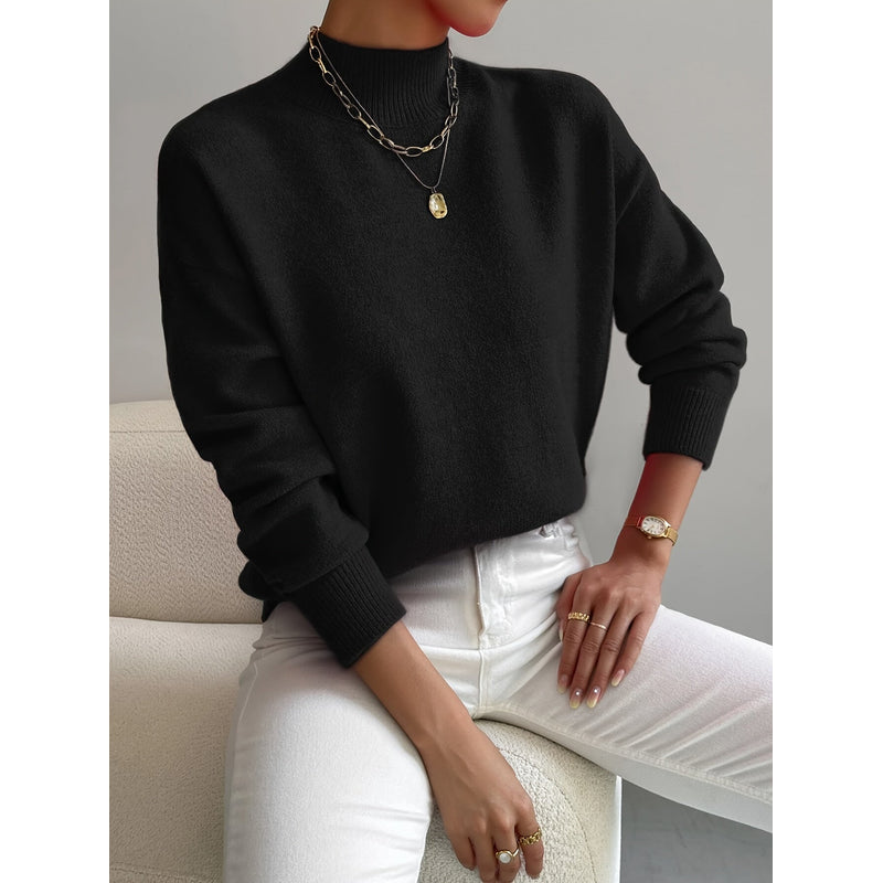 Jersey de punto liso con cuello alto para mujer en negro – vista frontal