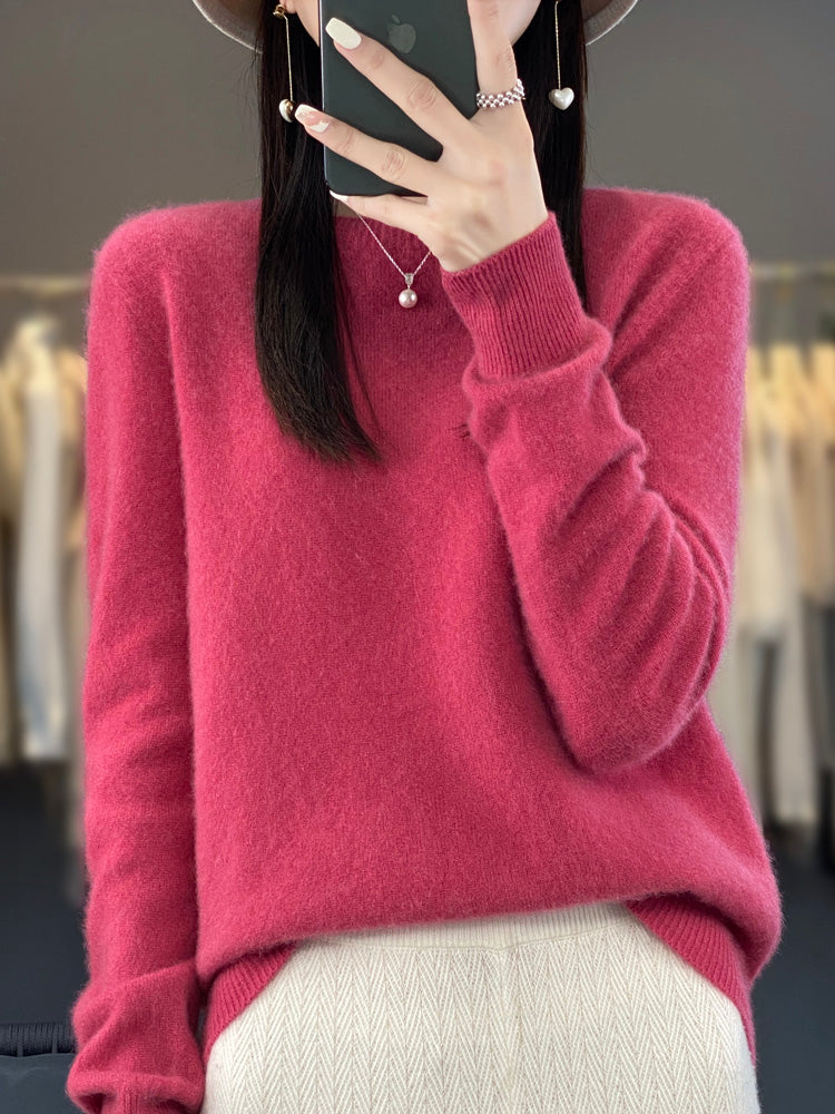 Jersey de punto liso para mujer con cuello redondo en color fucsia