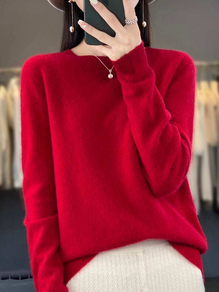 Jersey de punto liso para mujer con cuello redondo en color rojo