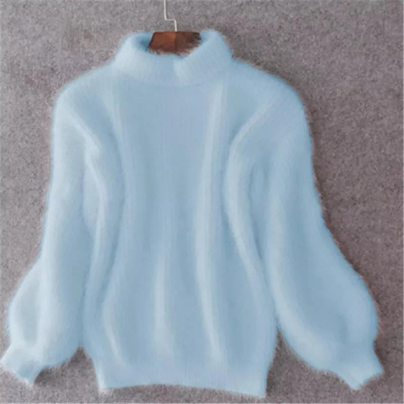 Jersey de punto esponjoso para mujer con cuello alto y mangas abullonadas para el invierno