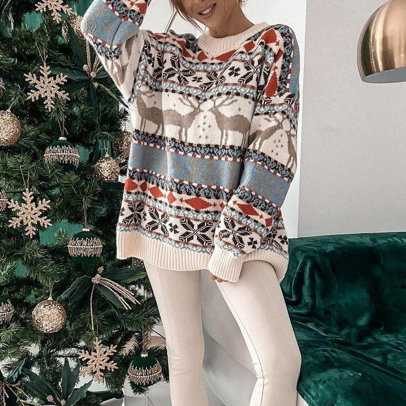 Jersey navideño para mujer con estampado de renos y copos de nieve de corte amplio para Navidad