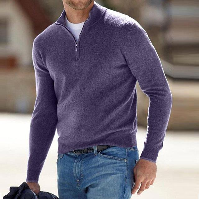 Jersey de punto para hombre con cuello de pico y cremallera en morado