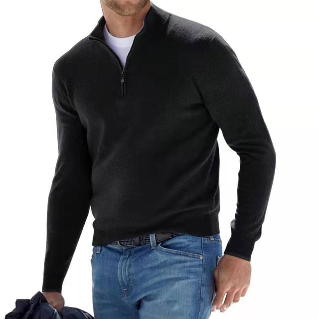 Jersey de punto para hombre con cuello de pico y cremallera en negro