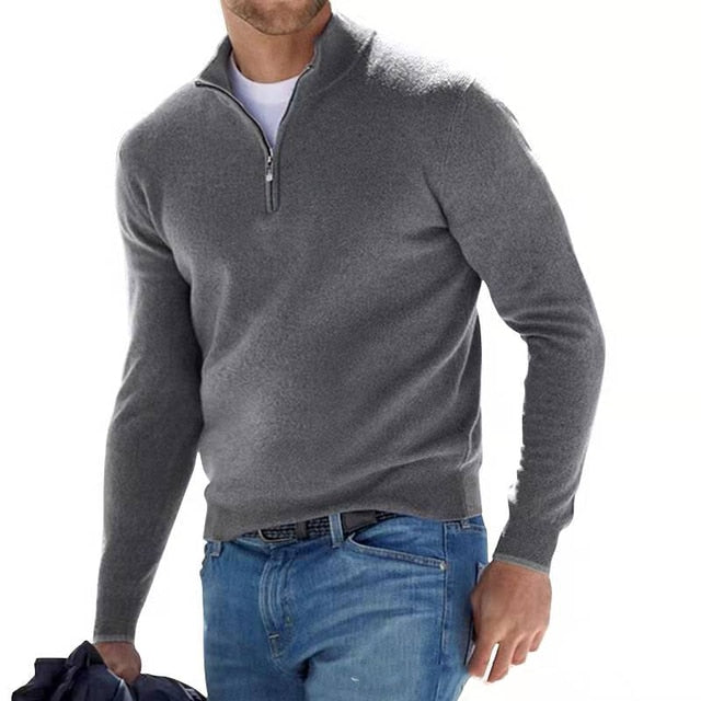 Jersey de punto para hombre con cuello de pico y cremallera en gris
