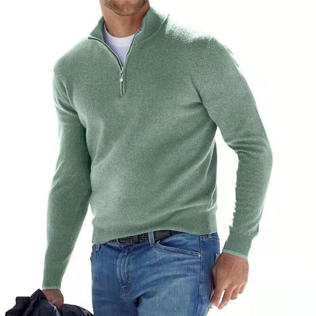 Jersey de punto para hombre con cuello de pico y cremallera en verde