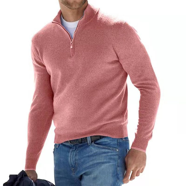 Jersey de punto para hombre con cuello de pico y cremallera en rosa
