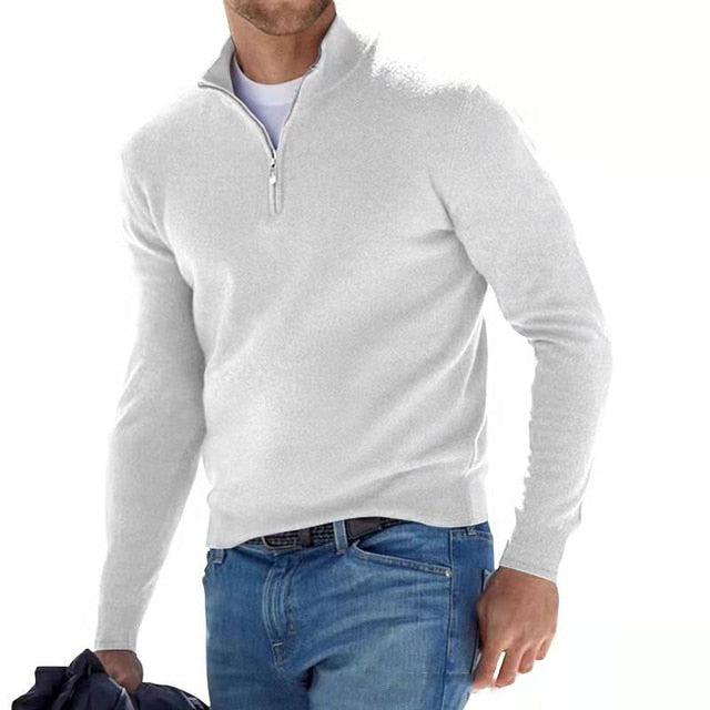 Jersey de punto para hombre con cuello de pico y cremallera en blanco