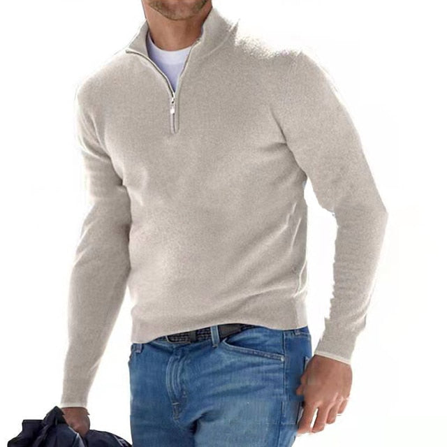 Jersey de punto para hombre con cuello de pico y cremallera en beige