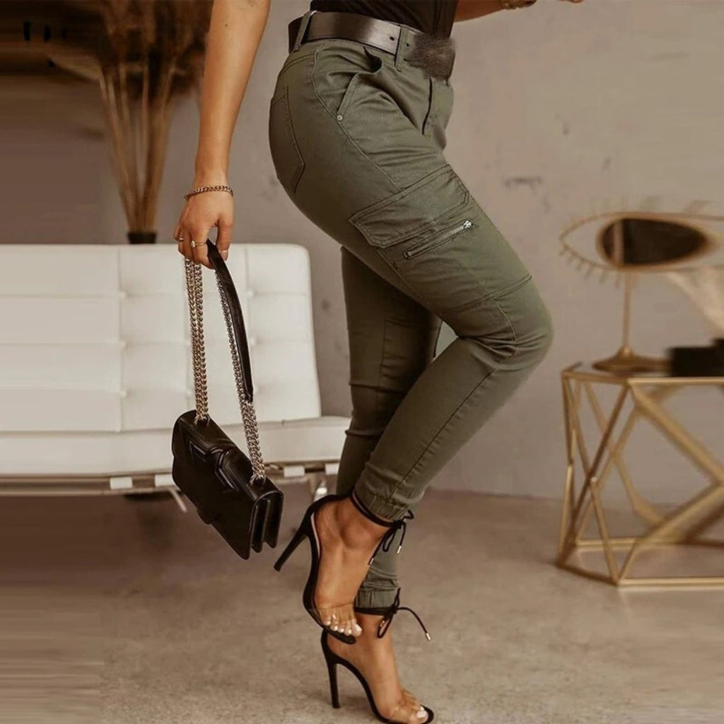 Pantalón cargo ajustado verde oliva para mujer, vista lateral