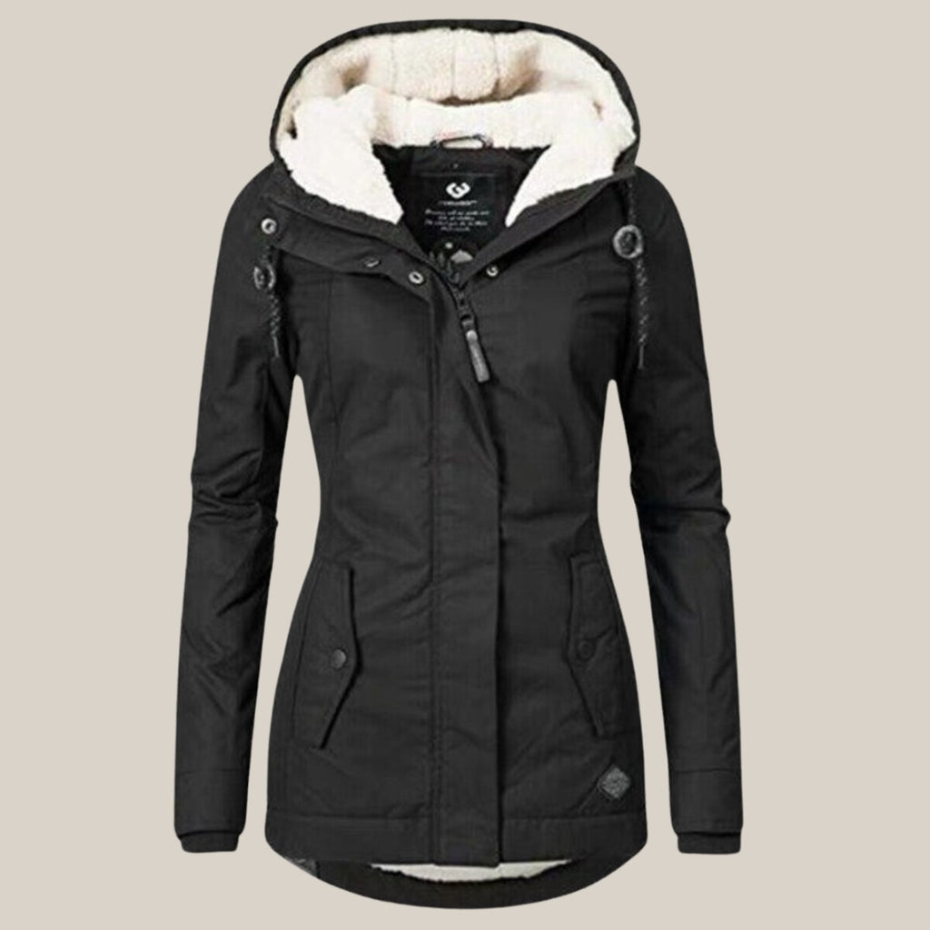 Parka para mujer con capucha y forro suave en negro
