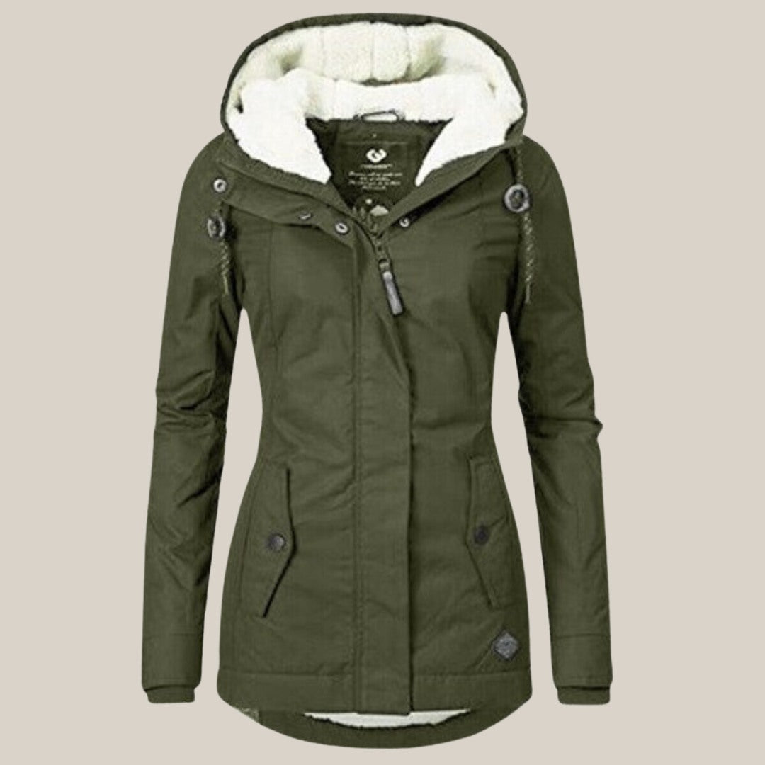 Parka para mujer con capucha y forro suave en verde oliva