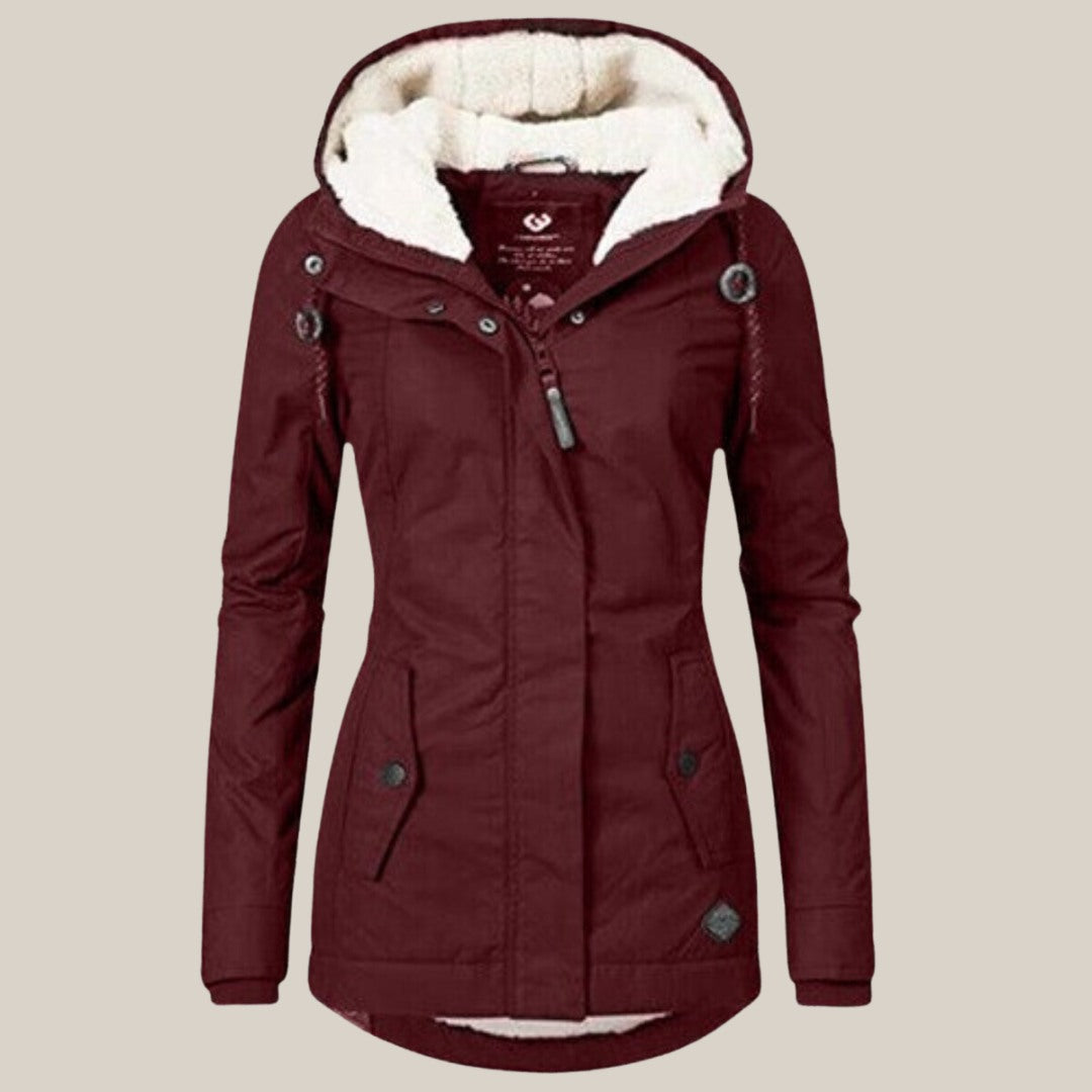 Parka para mujer con capucha y forro suave en burdeos