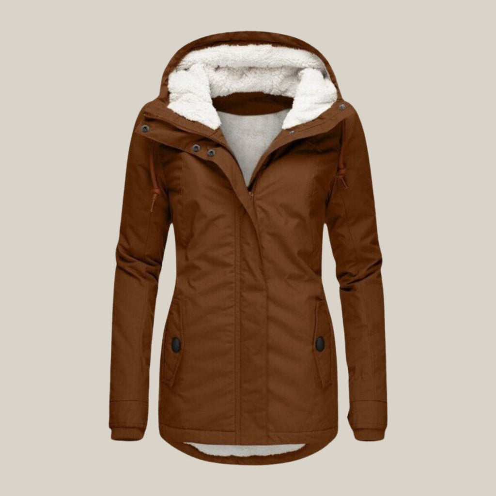 Parka para mujer con capucha y forro suave en marrón