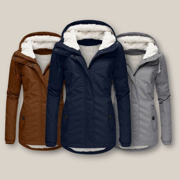 Parka para mujer con capucha y forro suave, tres colores juntos